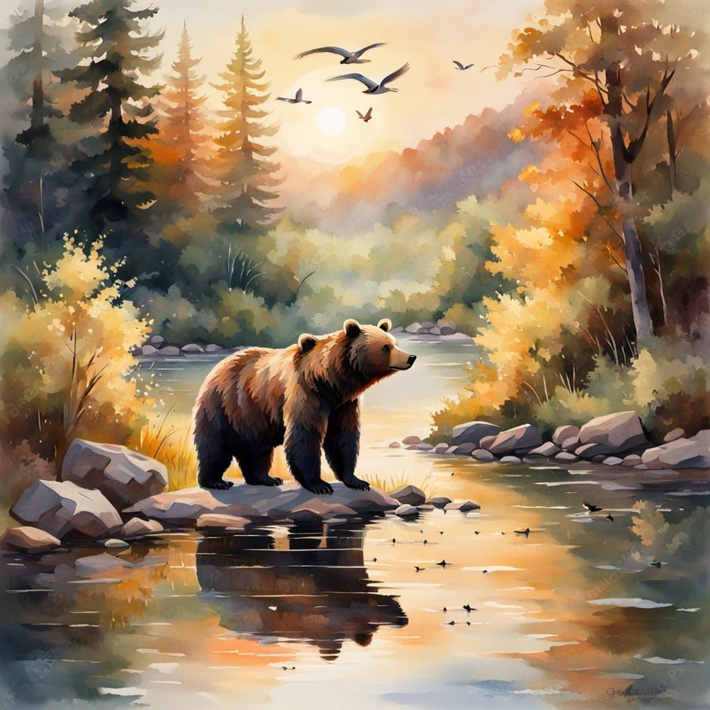 Impressionist River Landscape with Bear in Watercolor
