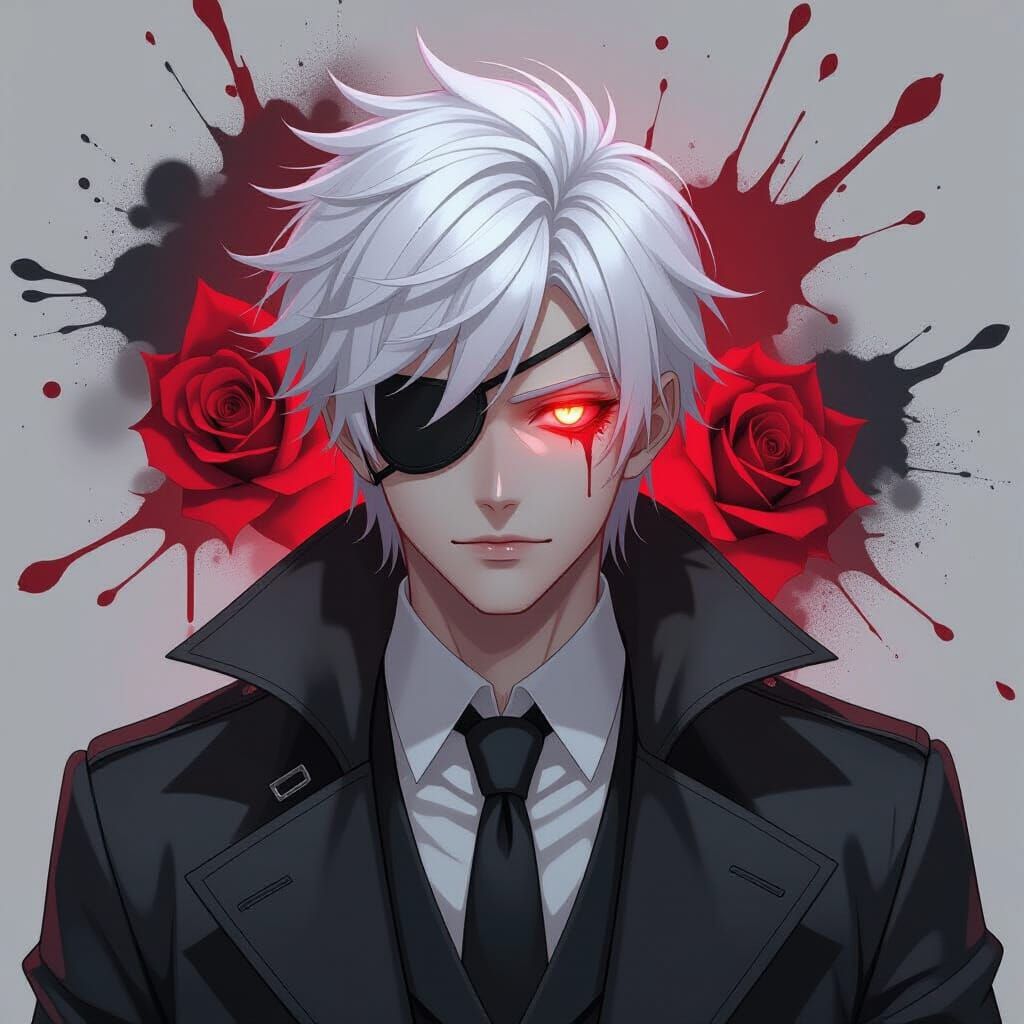 Anime Man with Glowing Eye and Rose, Dark Fantasy Style
