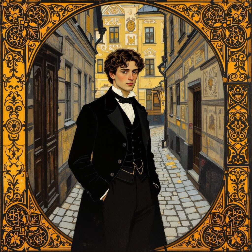 19th Century Man in Klimt-Inspired Alleyway