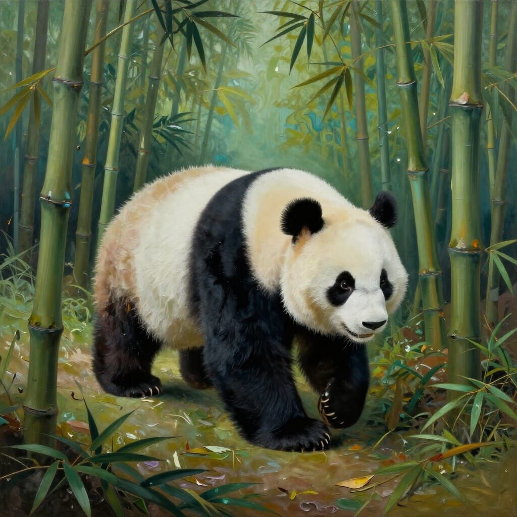 Panda Wanders Bamboo Forest in Surrealist Style