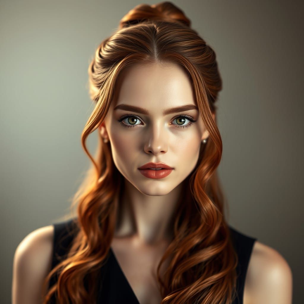 Close-up portrait, front view. Studio lighting. Amanda Michelle Seyfried, with long, wavy, naturally red, silky hair tie...