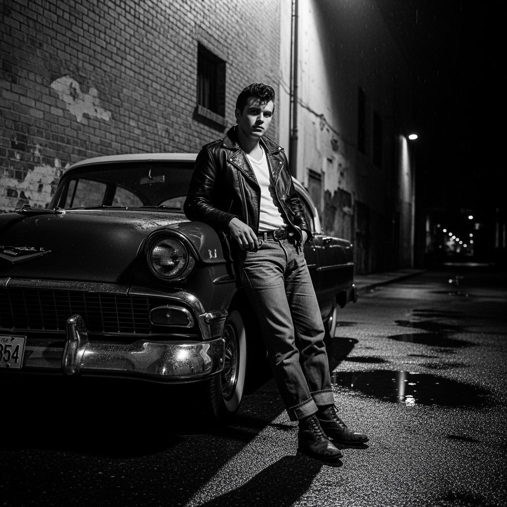 Greaser in Alleyway with Vintage Car