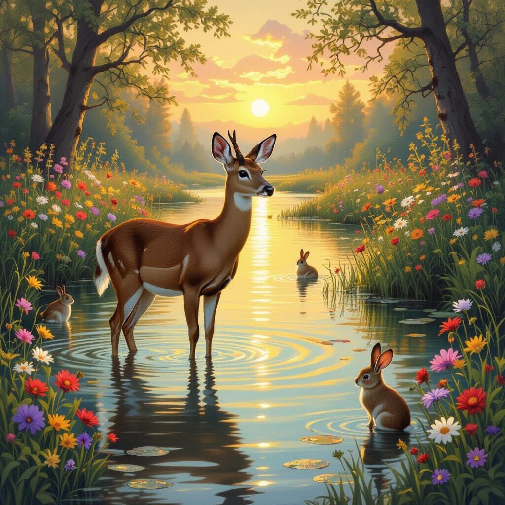 Serene Deer in Lake Amidst Nature's Beauty
