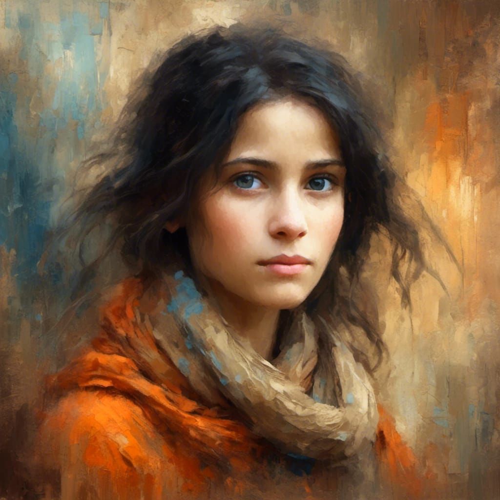 Girl with Black Hair in Vibrant Oil Painting Style
