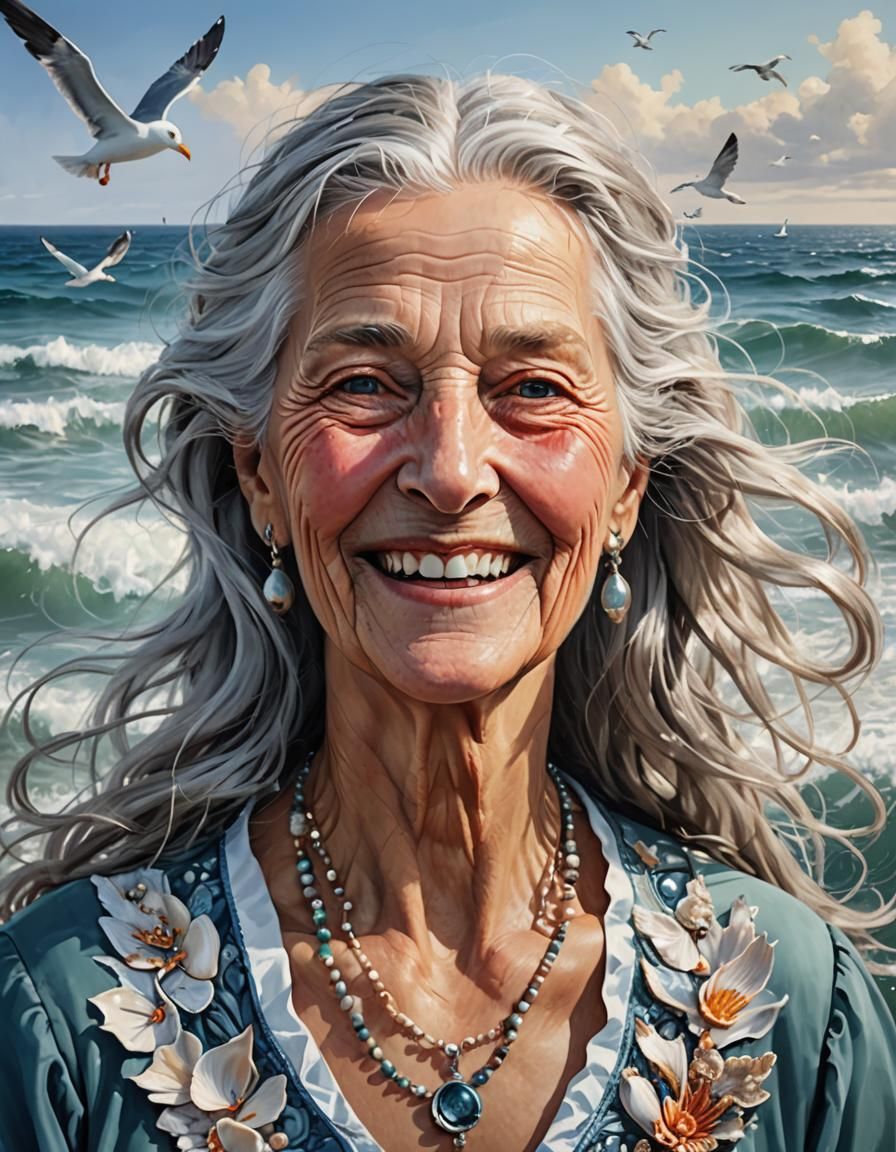 Hyperrealistic Portrait of an Old Woman with Sea Eyes