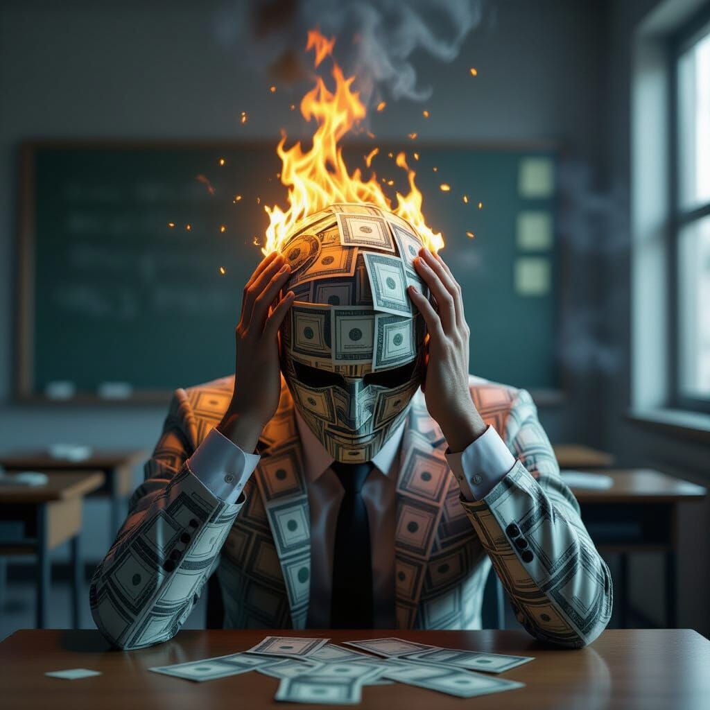Surreal Figure of Money in Burning Head, 8k