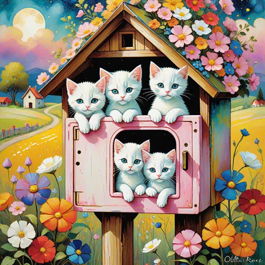 Whimsical Countryside Mailbox with Kittens in Impasto Style