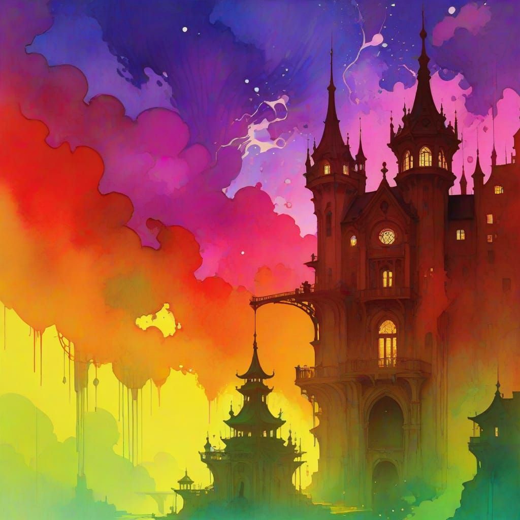 Elaborate Architecture in Art Nouveau Watercolor Style