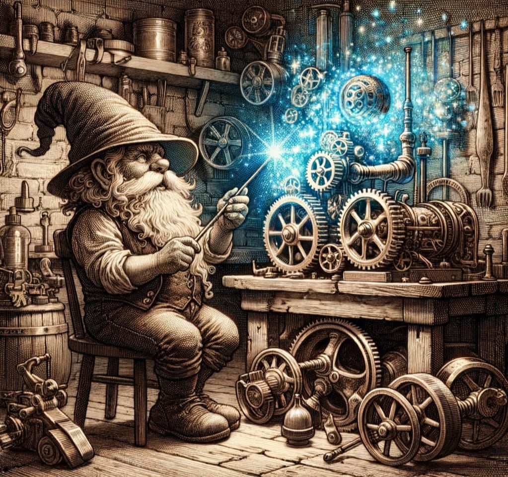 Steampunk Gnome Assembling Engine with Magic in Vintage Engr...