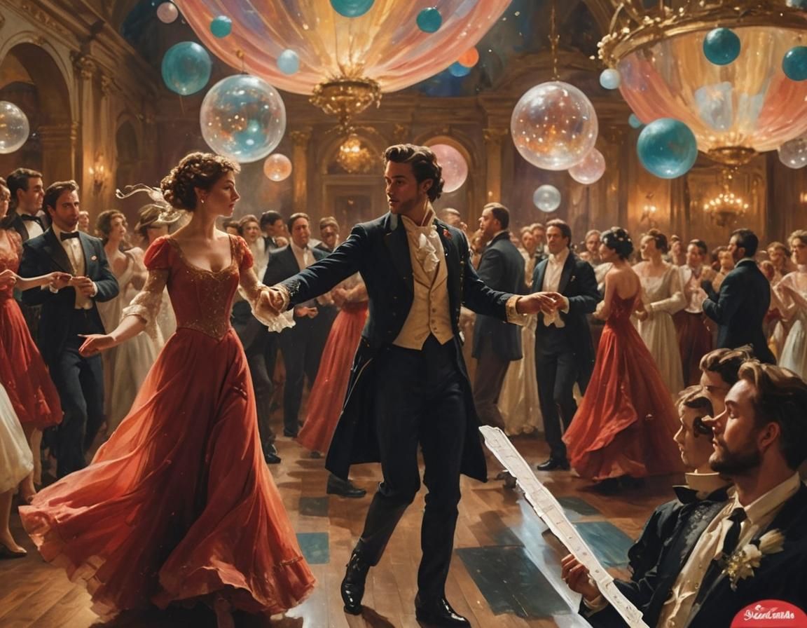 Piper in Crowded Ballroom: A Rococo Oil Painting