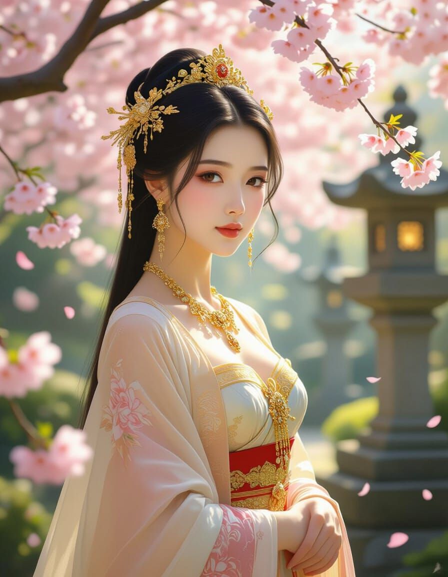Elegant Asian Princess in Blossom Garden Oil Painting