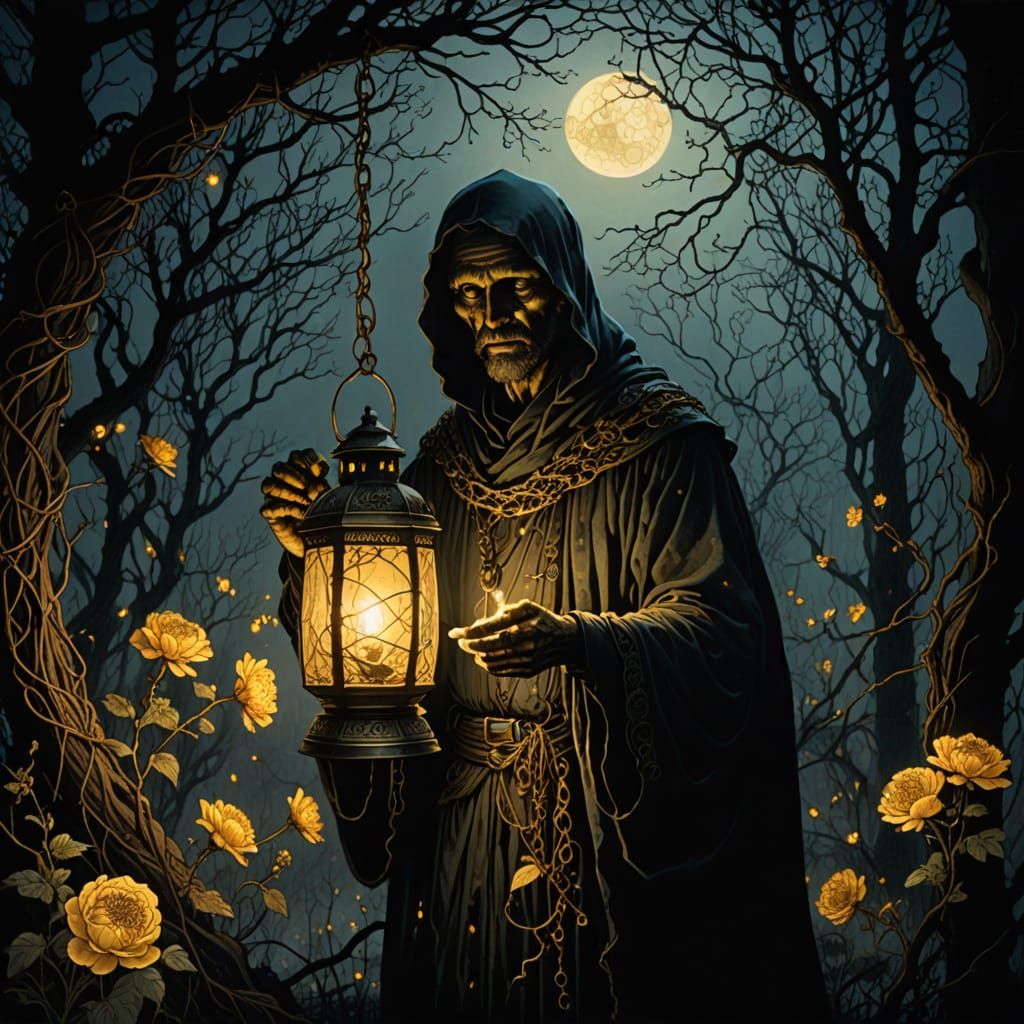 Eerie Double Exposure Lantern with Zentangle Flowers