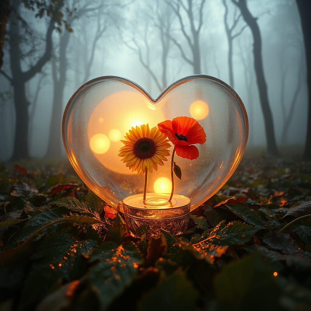 Elegant Floral Tea Party in Glass Heart, Oil Painting