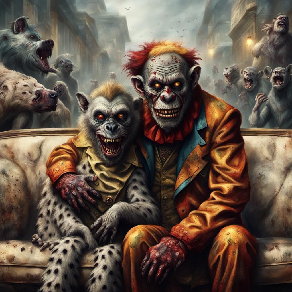 Zombie Monkey Clown Hugs Hyena: Digital Matte Painting