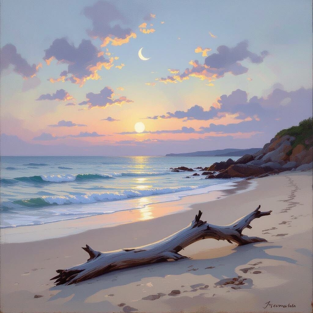 Serene Twilight Beach Cove with Crescent Moon