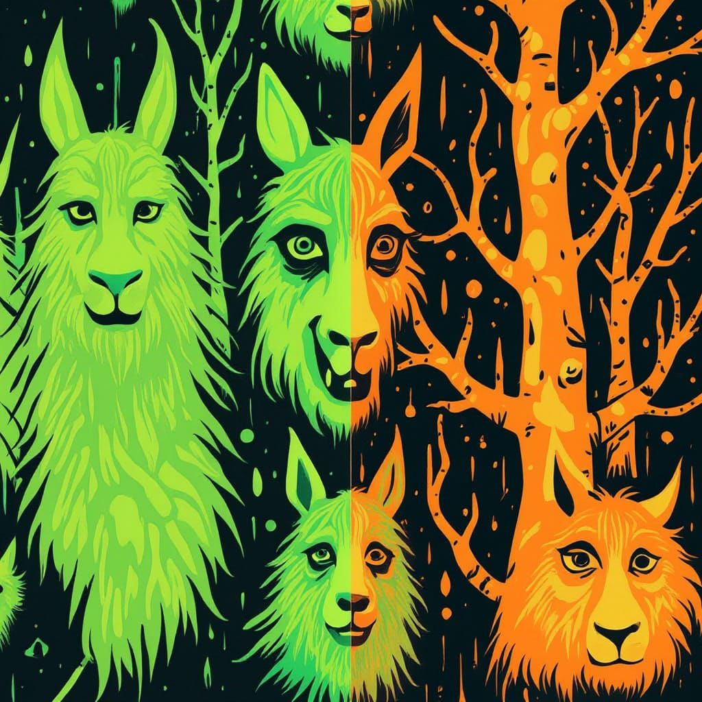 Abstract Neon Llama Faces in Surrealist Cubism Style