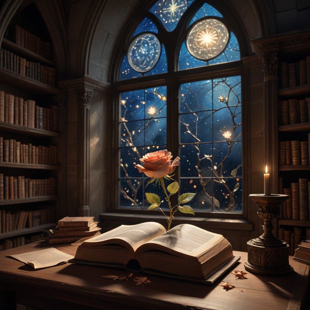 Moonlight Library of Dreams with Luminous Rose