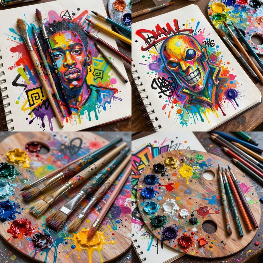 Artist's Tools and Palette with Vibrant Paint Splashes