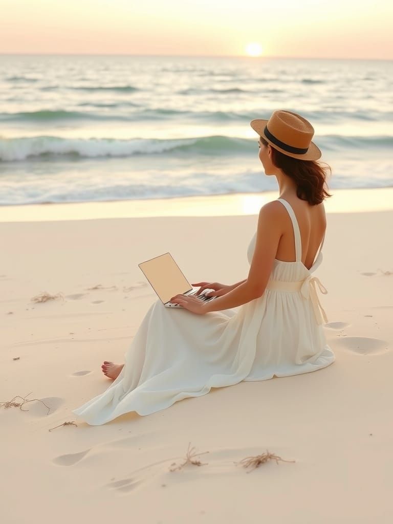 Woman Embracing Freedom on a Serene Beach at Sunrise