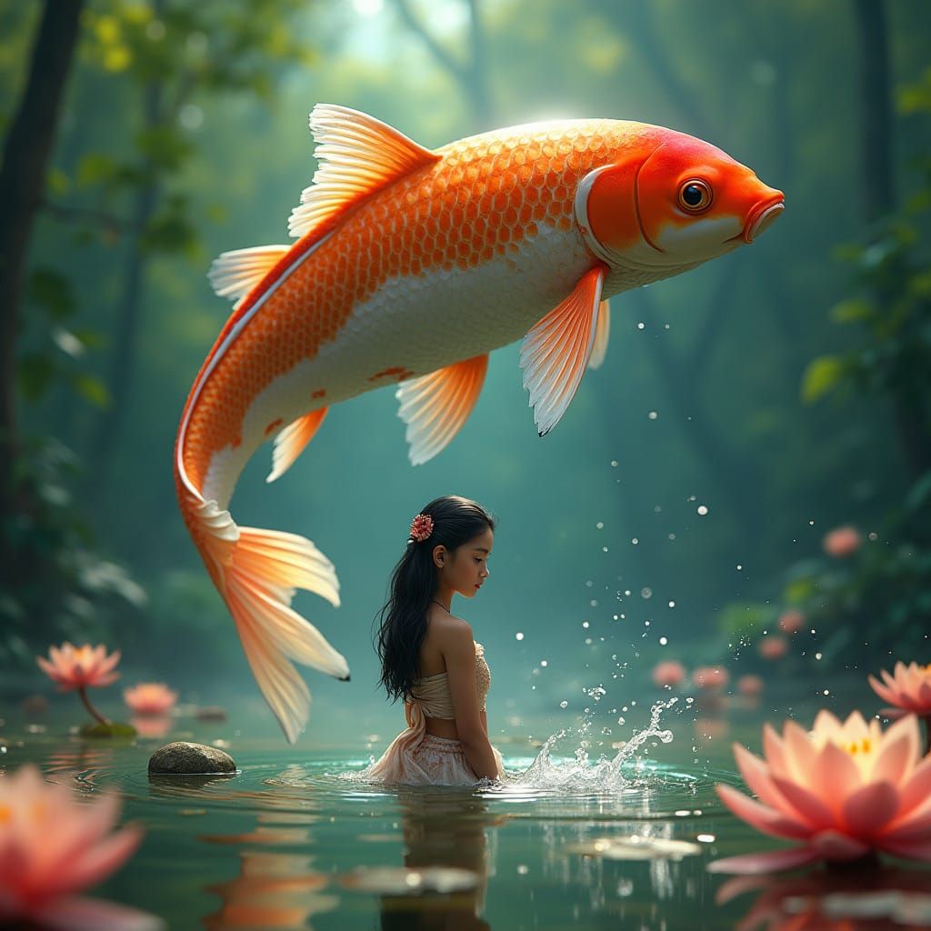 Girl Surrounded by Vibrant Koi in a Fantastical Pond Scene