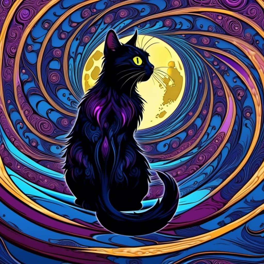 Black Cat Gazing at Moon in Fractal Art Style
