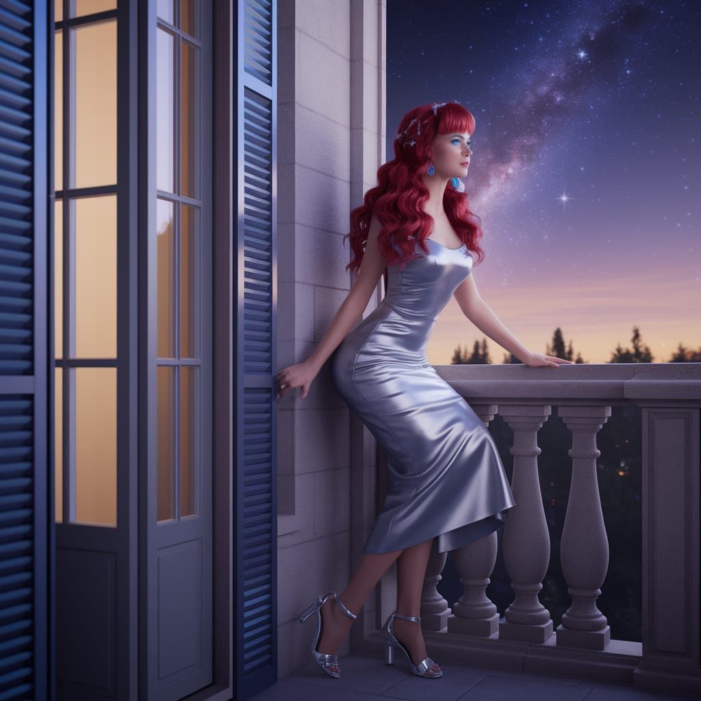 Woman on Balcony at Night in Detailed Digital Painting