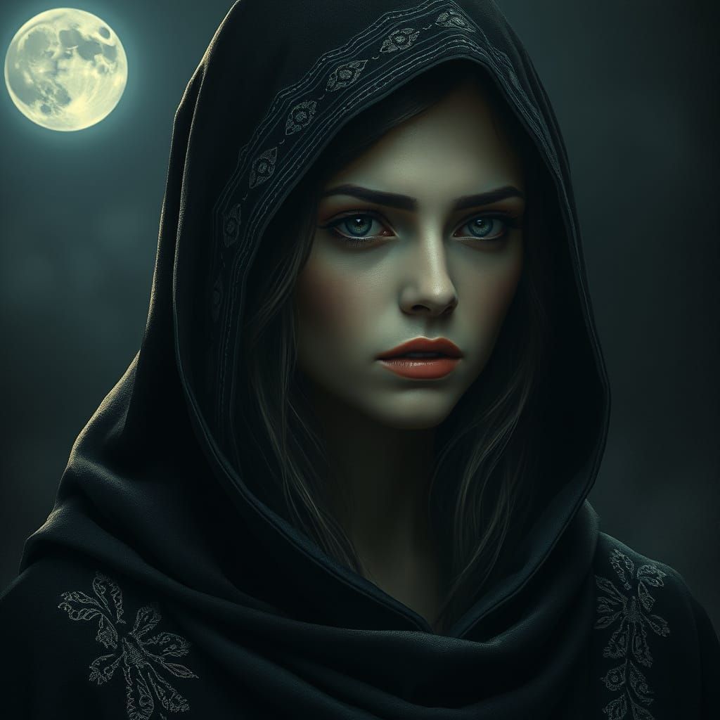 Woman in Dark Cloak Illuminated by Full Moon