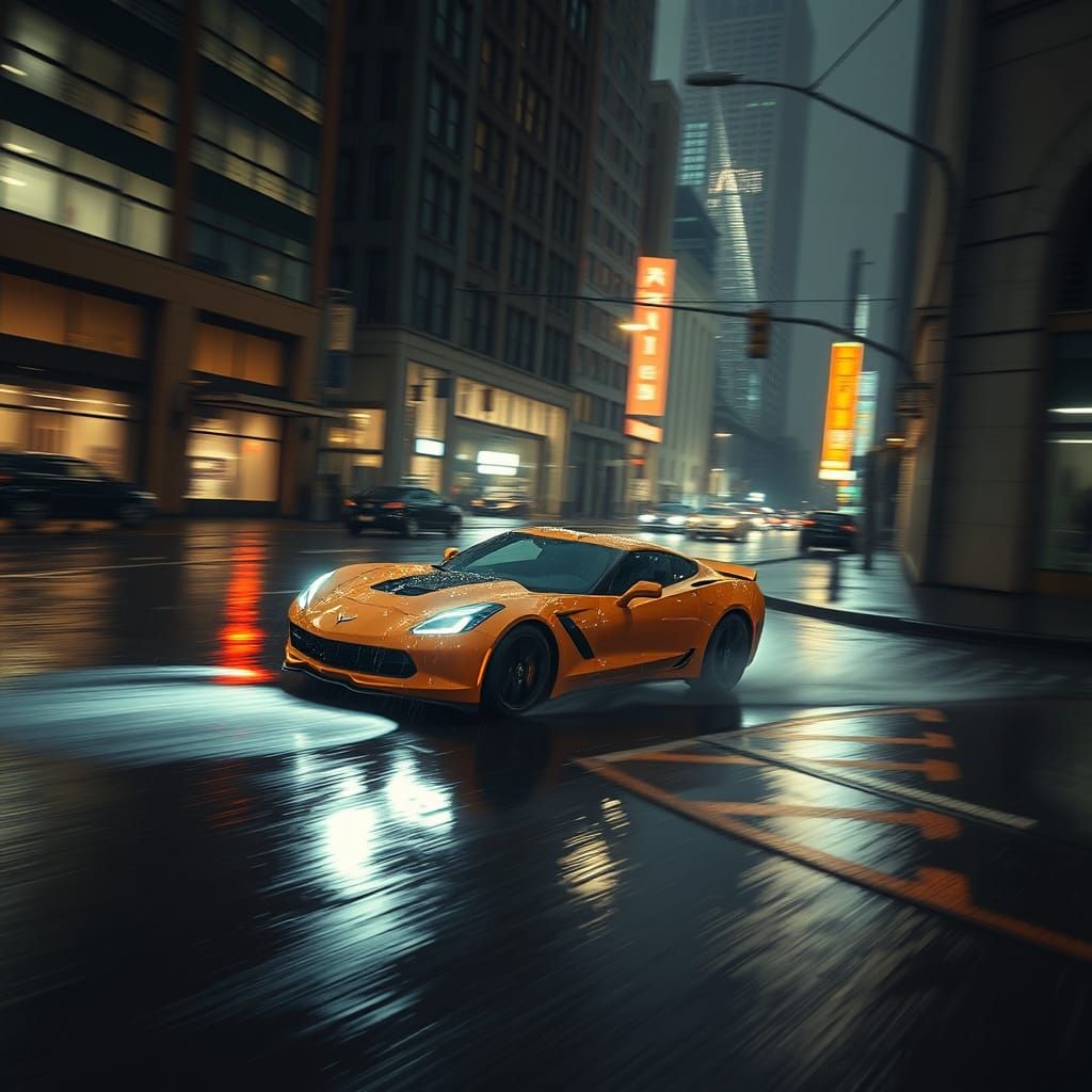 Corvette Slides Through Rain-Soaked City Street