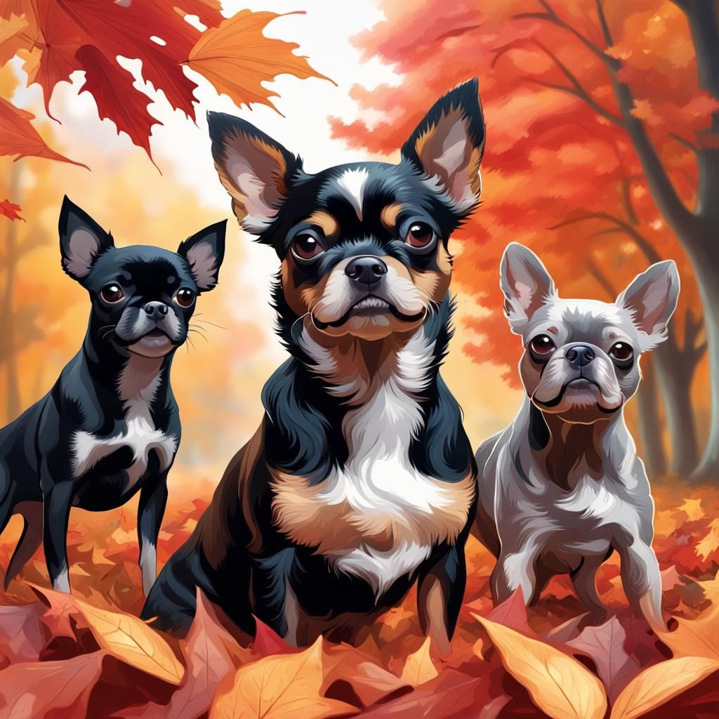 Dogs Playing in Autumn Leaves: Hyperdetailed Digital Portrai...
