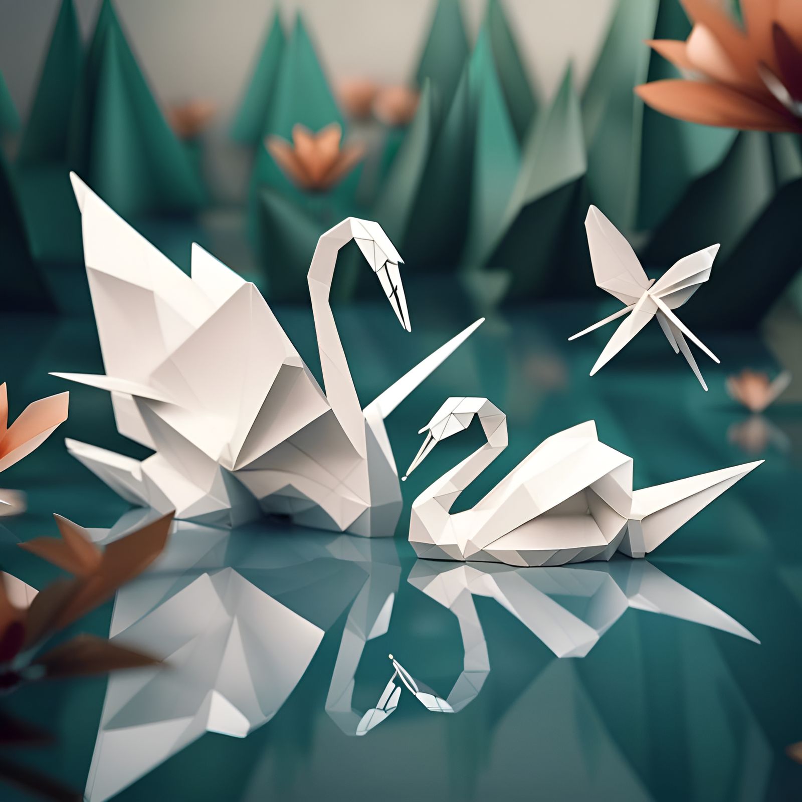 Swans and Dragonflies in Origami Papercraft Style