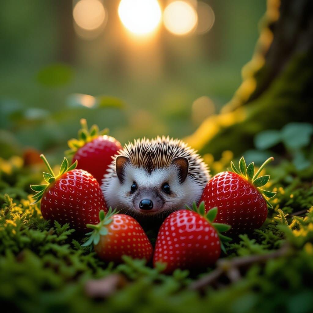 Hedgehog Amongst Giant Strawberries in Forest Clearing