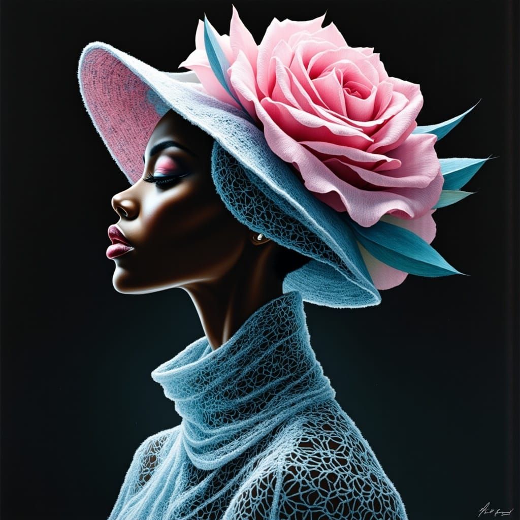 African American Woman in Pink Rose Ombre Hat with Stippling...