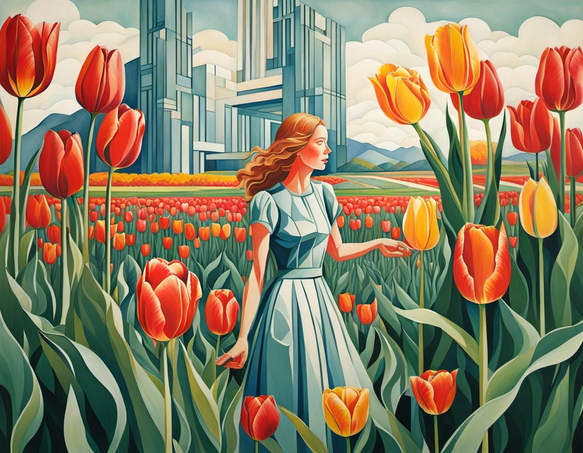 Women and Tulips in an Architectural Style