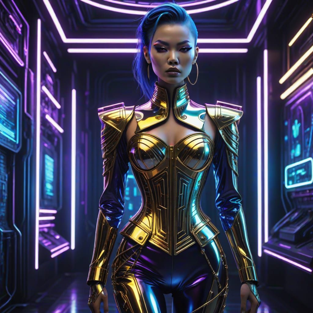 Cyberpunk Glamour in Gold and Neon
