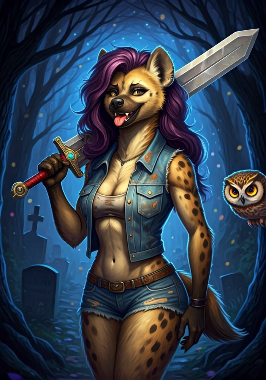 Confident She-Hyena Wields Claymore in Starlit Forest Gravey...