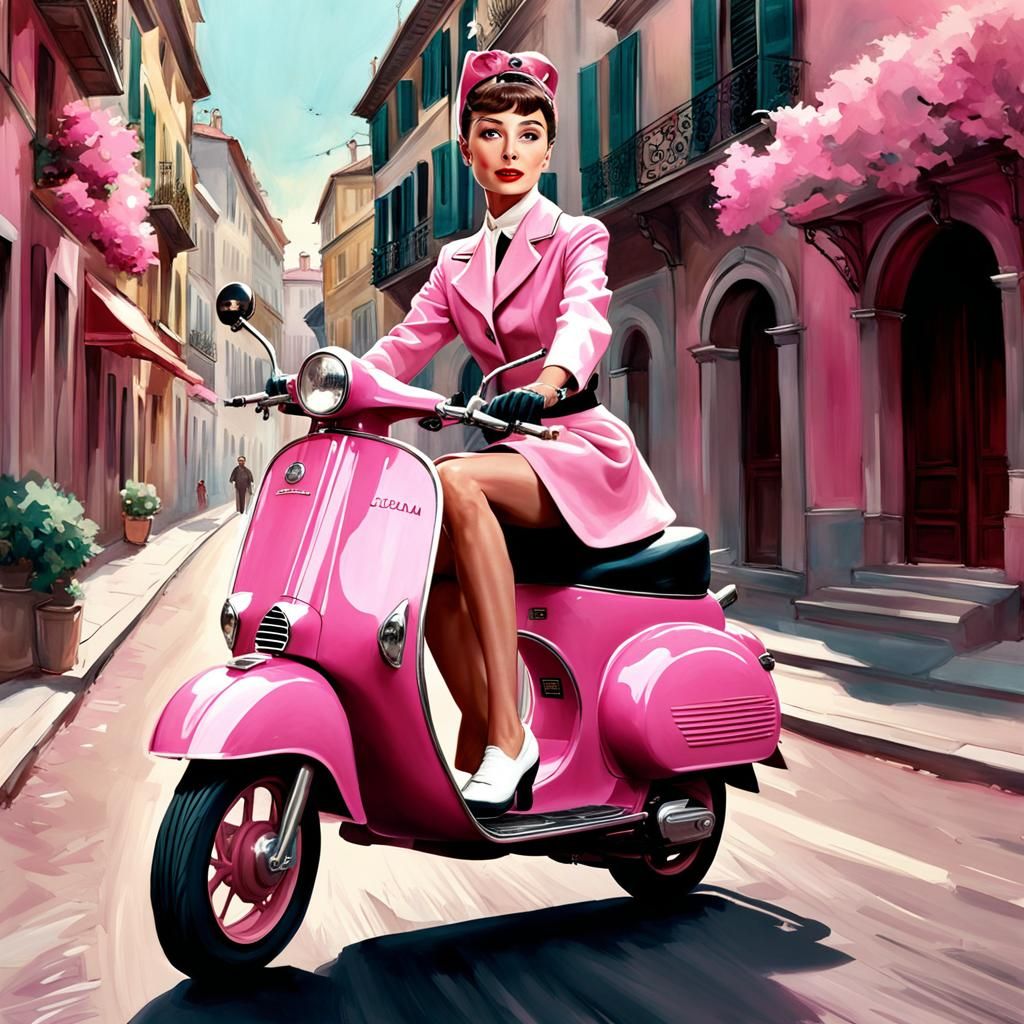 "Audrey Hepburn riding on a pink scooter.