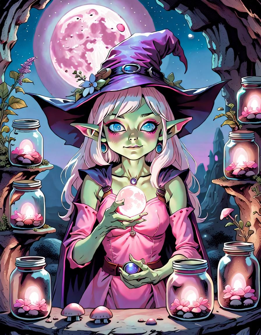 Charming Goblin Witch Portrait in Comic Book Style