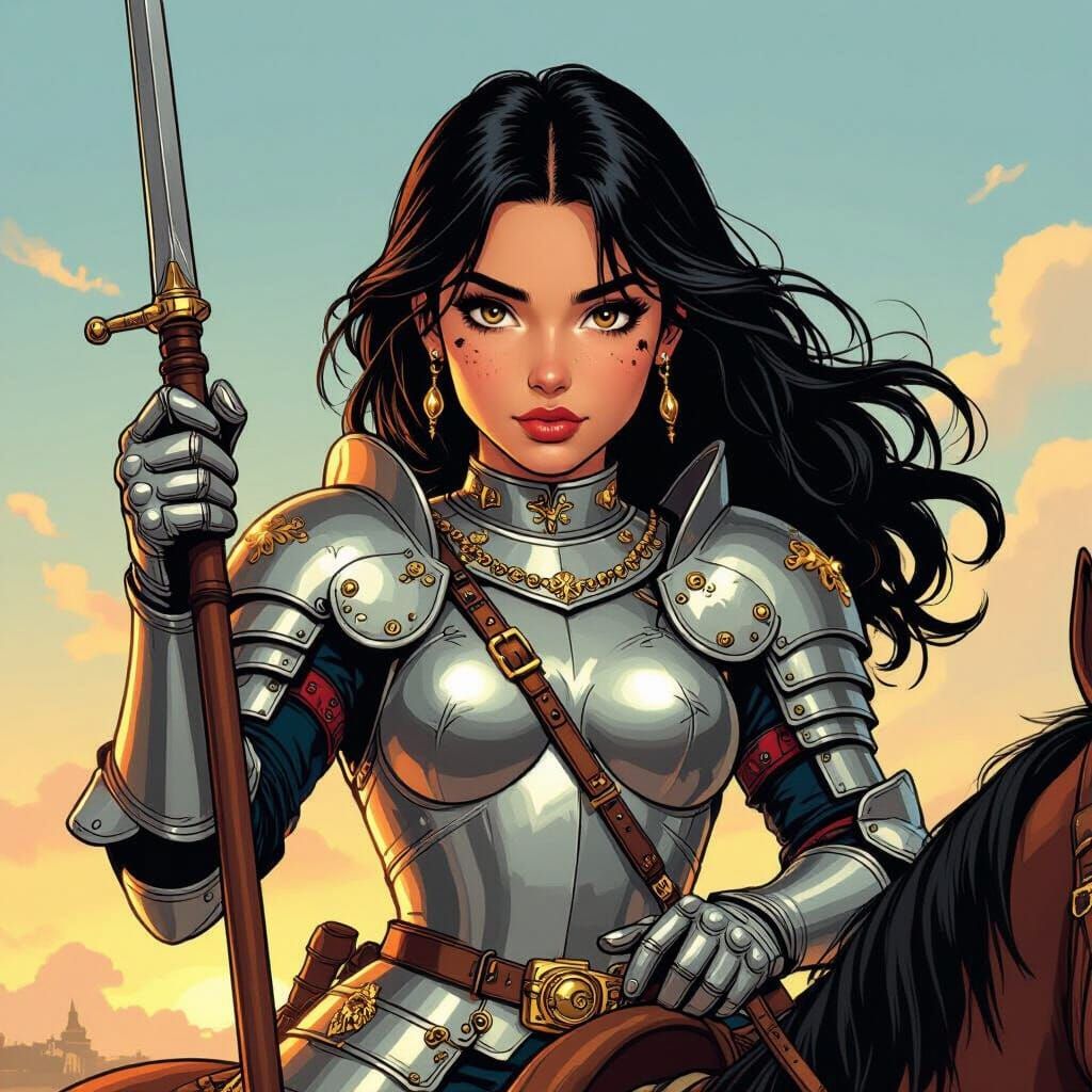 Spanish Conquistador Woman on Horseback in Comic Style