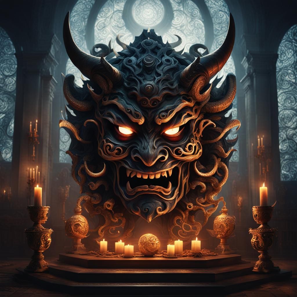 Hakuko Mask of Shadow Demon on Altar