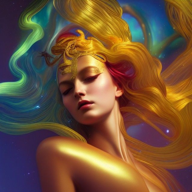 Cosmic Goddess with Gold Snake in Matte Painting