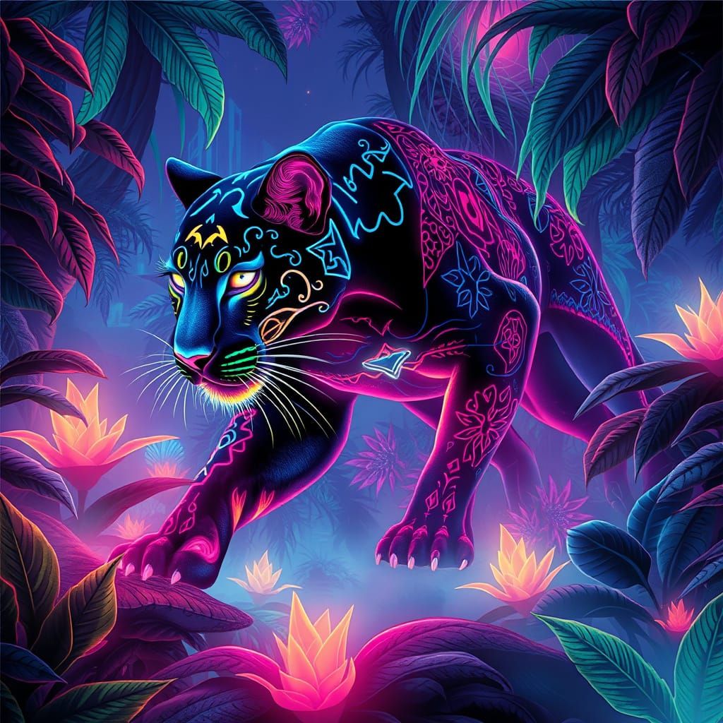 Bioluminescent Panther in a Neon Futuristic Jungle