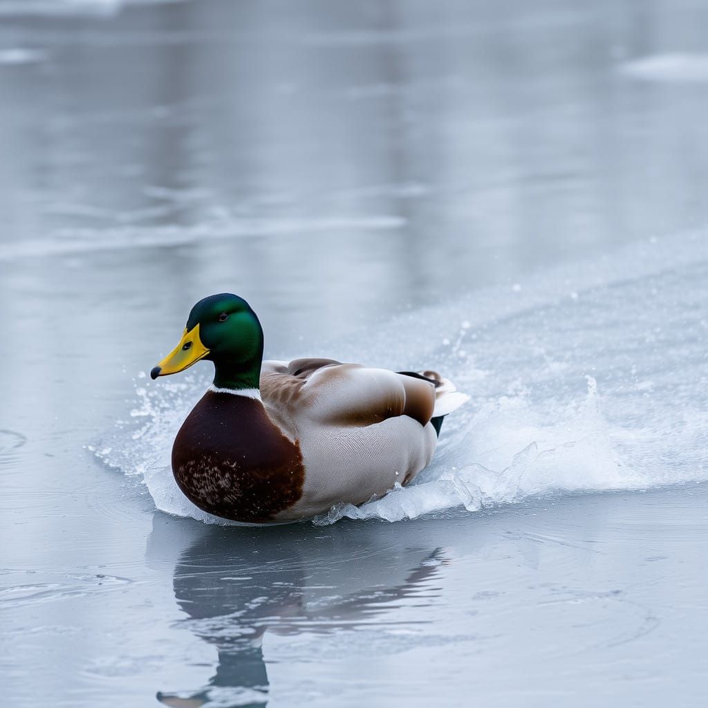 Duck Slides on Ice in a Dynamic Winter Scene