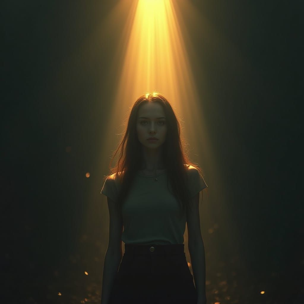 Golden Light Illuminates Woman in Darkness, Whimsical Style