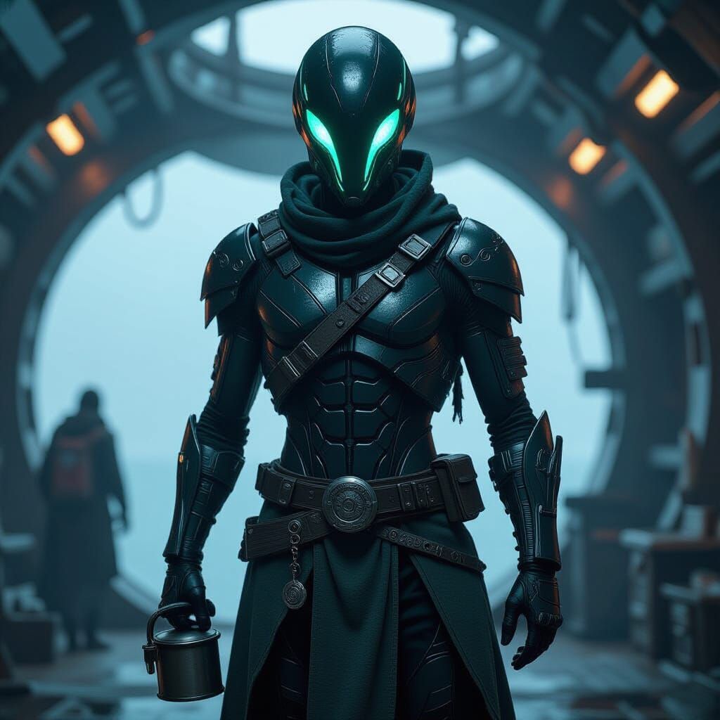 Chrysalun Alien Warrior on Starship Deck, Photorealistic Sty...