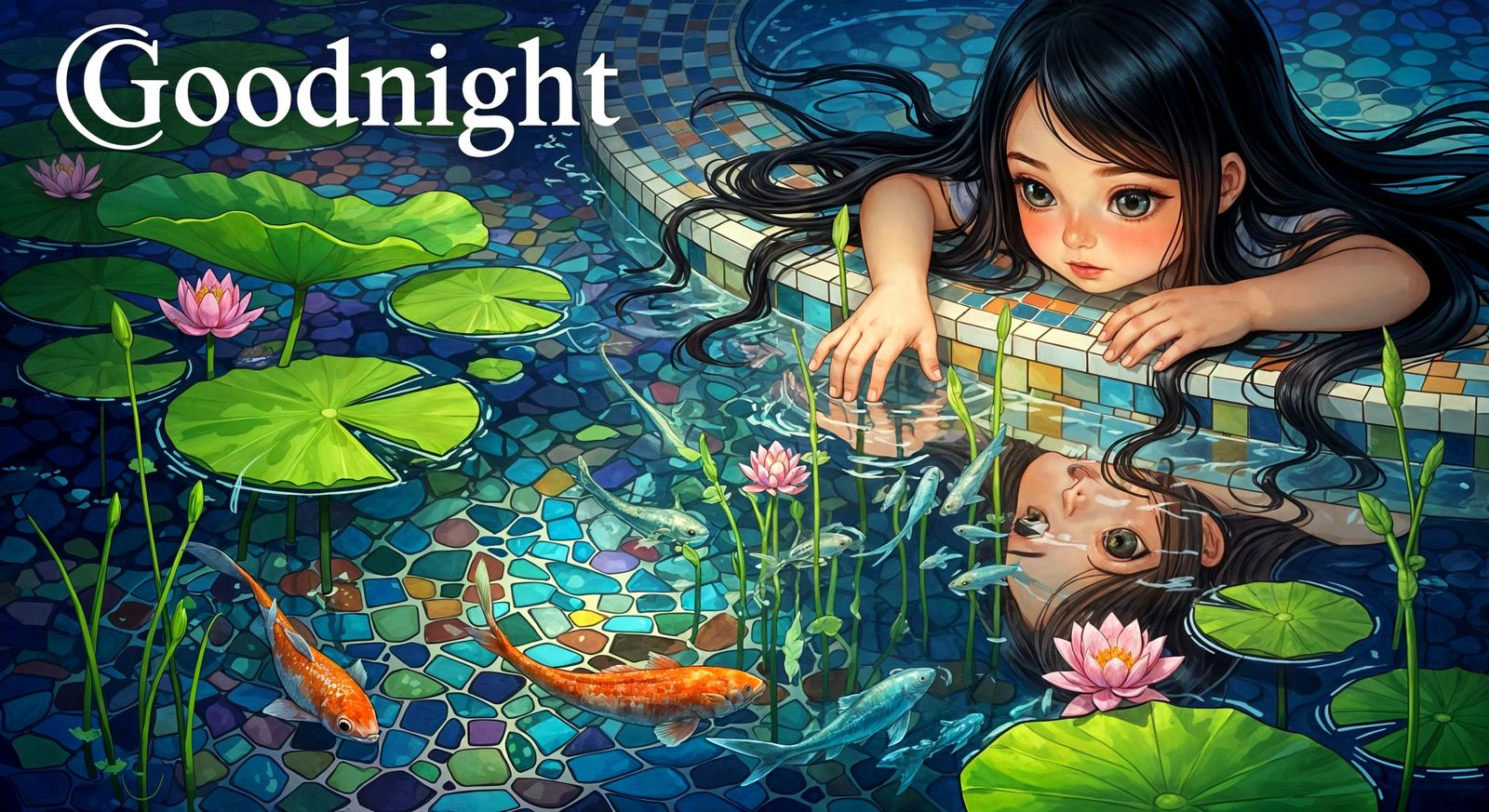 Mosaic Pool Scene with Girl and Fantasy Text