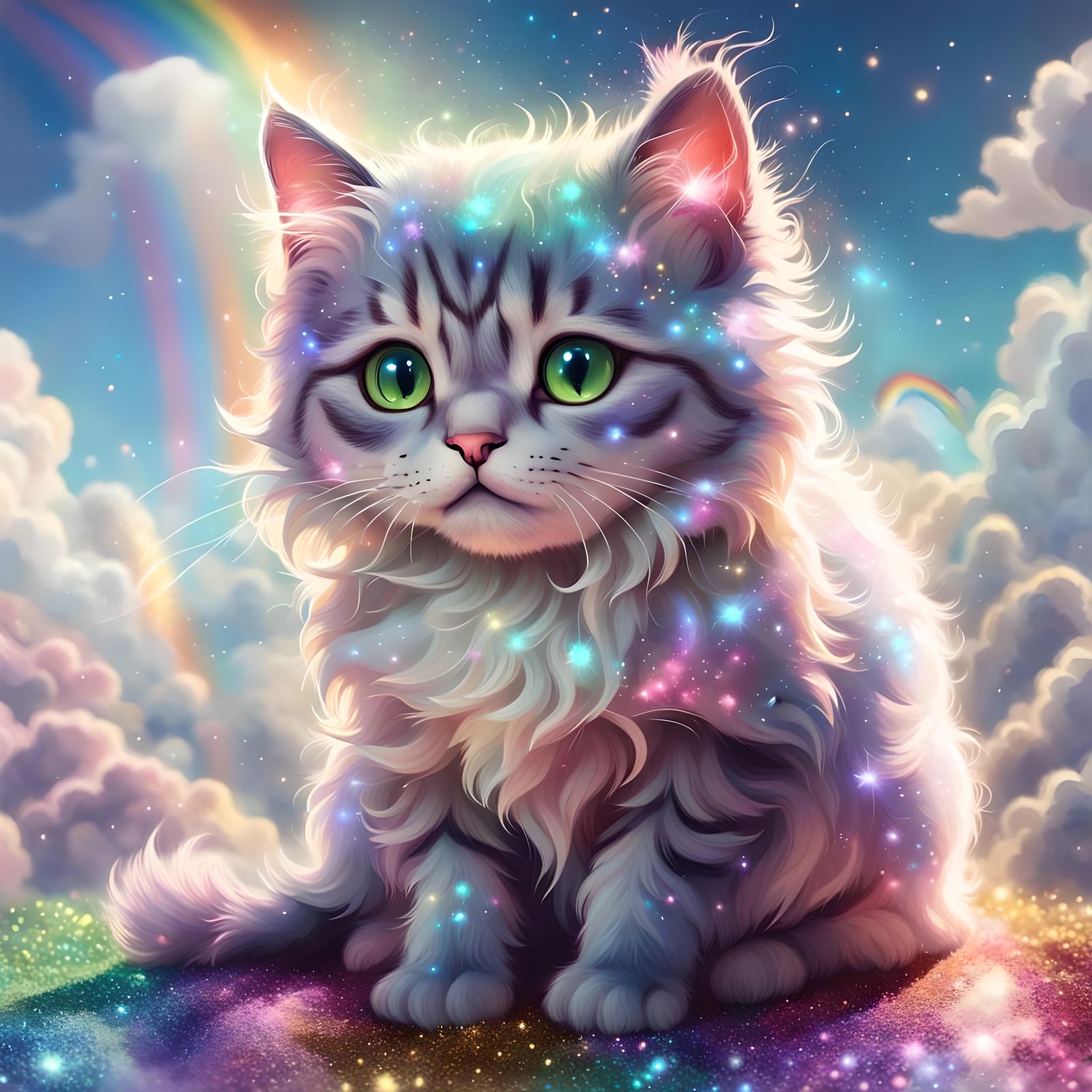 Sparkling Cat in Rainbow Wonderland: Hyperreal Fantasy