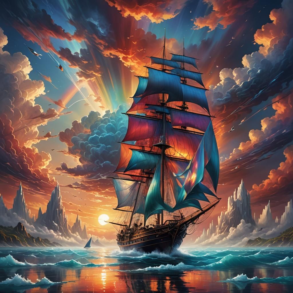 Glass Sailboat Soaring in a Dreamscape, Digital Art