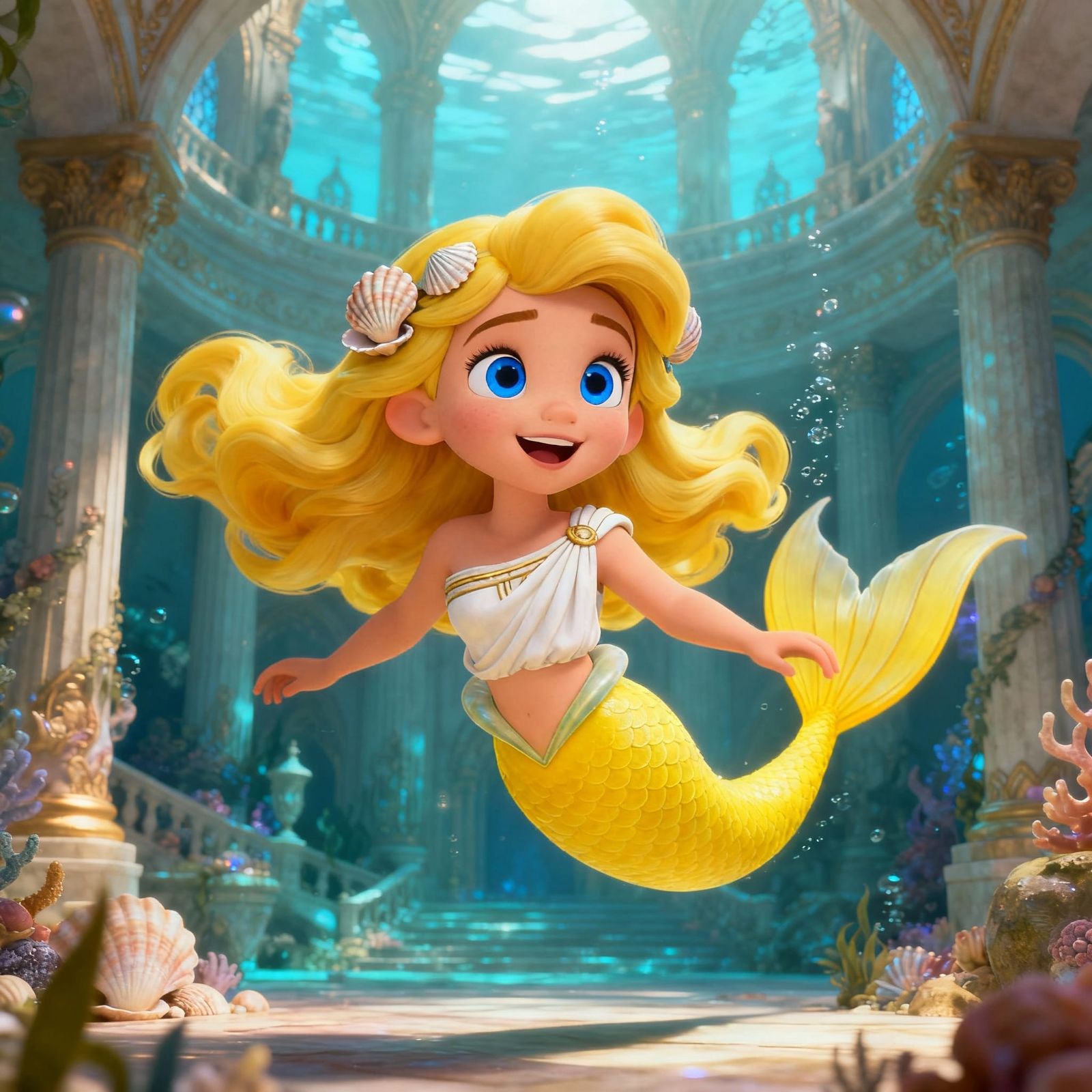 Joyful Mermaid Swims in Majestic Underwater Palace