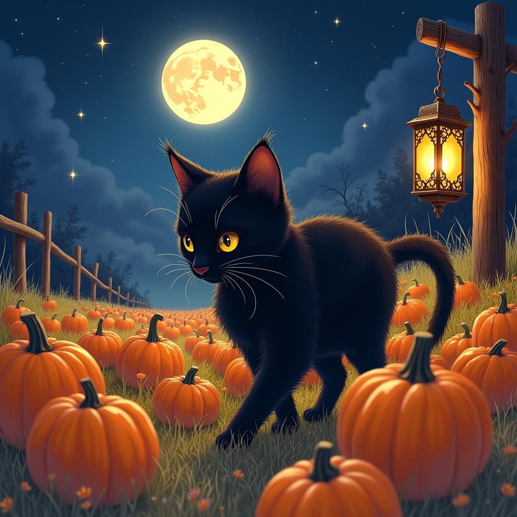 Black Cat in Pumpkin Field, Anime Style
