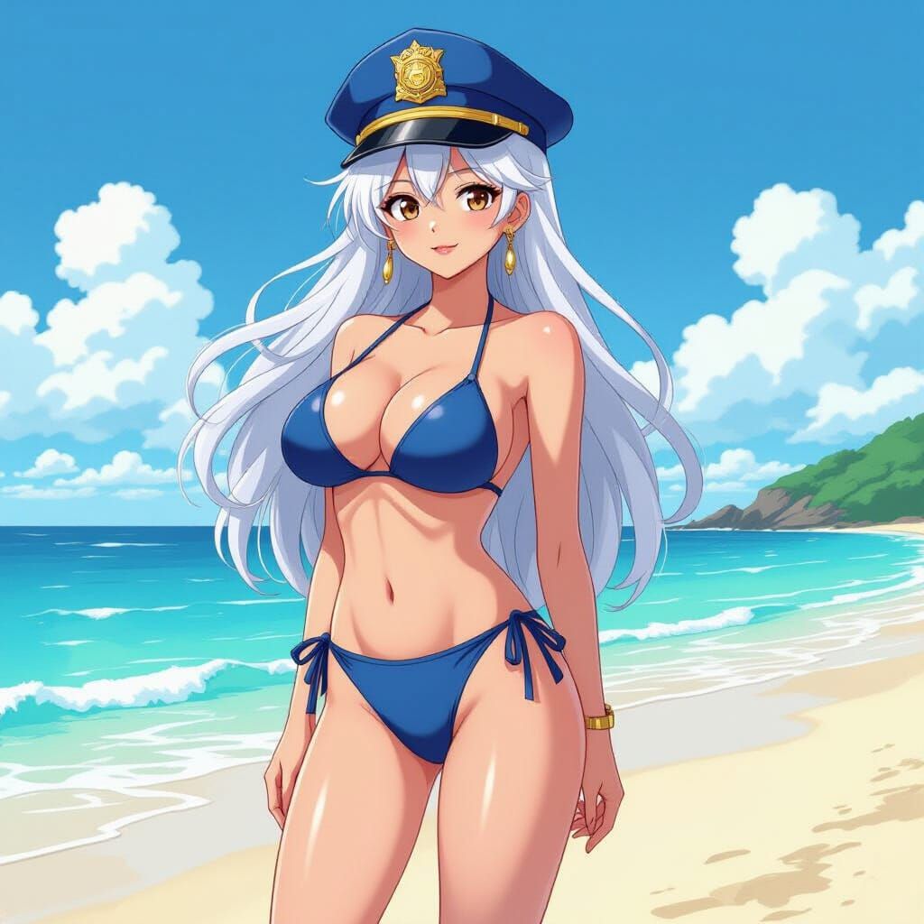 Anime Woman in Blue Bikini on Beach